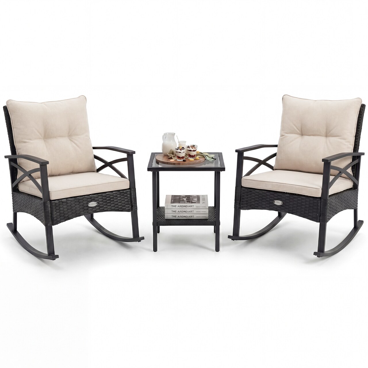 Rattan Rocking Chairs Set of 3 with 2-Tier Side Table for Backyard Patio